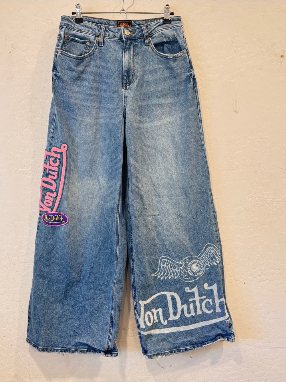 Von Dutch Women’s Extra Wide Leg Flare Jeans 24 Patch Logo Embroidered Y2K
